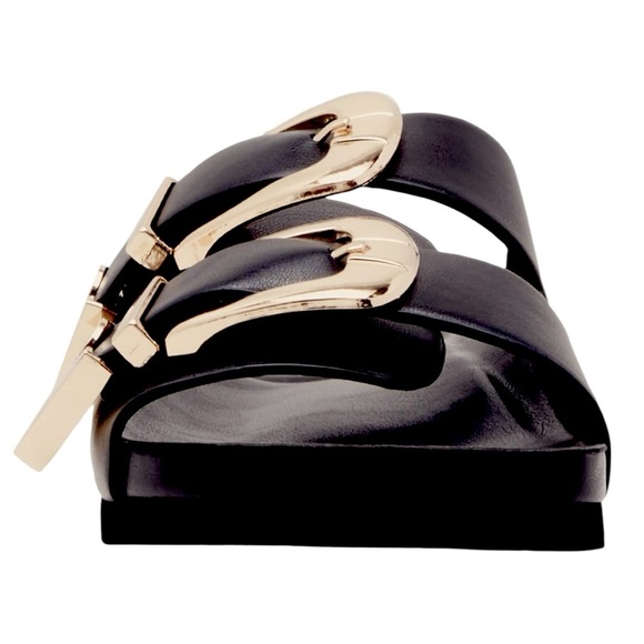 MADDEN GIRL Bandero Slip On Black Sandals With Stylish Heart-Shaped Gold Buckles - Picture 7 of 12